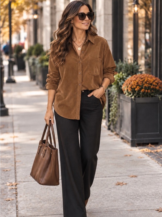 Tops - Women's Oversized Brown Button Down Corduroy Shirt L